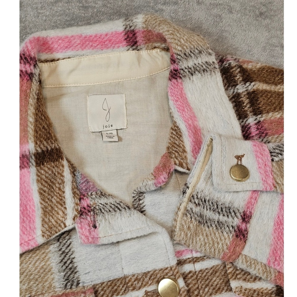 Joie Pink Tan Plaid Shacket Button Front Shirt Jacket Large Brass Buttons L/G